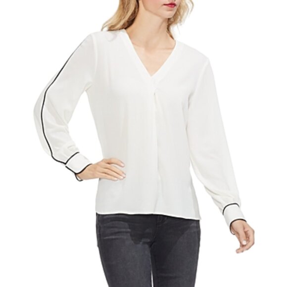 VINCE CAMUTO Ivory Contrast Piping Crepe Blouse XS - Picture 9 of 9